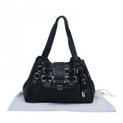 Pre Owned Jimmy Choo Black Leather Python Trim Riki Stamped Shoulder Bag