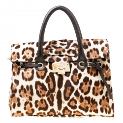Jimmy Choo Dark Brown Leopard Print Calf Hair Rosalie Top Handle