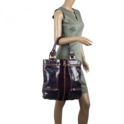 Pre Owned Jimmy Choo Purple Liquid Patent Leather and Suede Mona Tote Bag