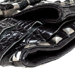 Pre Owned Jimmy Choo Black Croc Embossed Leather Studded Chandra Clutch