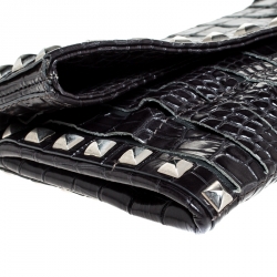 Pre Owned Jimmy Choo Black Croc Embossed Leather Studded Chandra Clutch