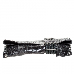 Pre Owned Jimmy Choo Black Croc Embossed Leather Studded Chandra Clutch