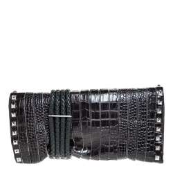 Pre Owned Jimmy Choo Black Croc Embossed Leather Studded Chandra Clutch