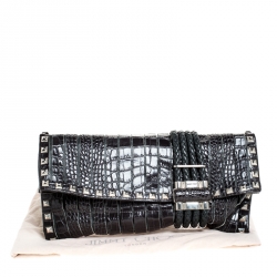 Pre Owned Jimmy Choo Black Croc Embossed Leather Studded Chandra Clutch