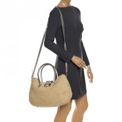 Pre Owned Jimmy Choo Beige/Silver Raffia and Shimmer Leather Rania Tote