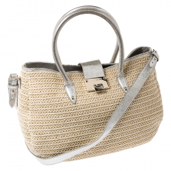 Pre Owned Jimmy Choo Beige/Silver Raffia and Shimmer Leather Rania Tote