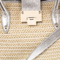 Pre Owned Jimmy Choo Beige/Silver Raffia and Shimmer Leather Rania Tote