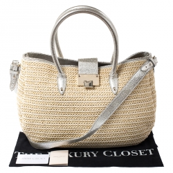Pre Owned Jimmy Choo Beige/Silver Raffia and Shimmer Leather Rania Tote