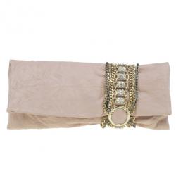 Pre Owned Jimmy Choo Blush Pink Distressed Leather Embellished Chandra Clutch