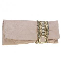 Pre Owned Jimmy Choo Blush Pink Distressed Leather Embellished Chandra Clutch