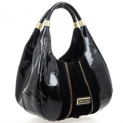 Pre Owned Jimmy Choo Black Patent and Suede Middle Zip Hobo