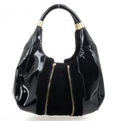 Pre Owned Jimmy Choo Black Patent and Suede Middle Zip Hobo