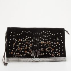 Pre Owned Jimmy Choo Black Suede Venus S Snakeskin Trimmed Beaded Clutch