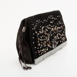 Pre Owned Jimmy Choo Black Suede Venus S Snakeskin Trimmed Beaded Clutch