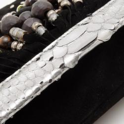 Pre Owned Jimmy Choo Black Suede Venus S Snakeskin Trimmed Beaded Clutch
