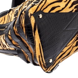 Pre Owned Jimmy Choo Brown/Black Leopard Print Calfhair and Croc Embossed Leather Blythe M Bag
