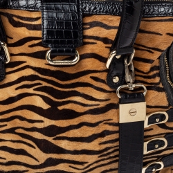 Pre Owned Jimmy Choo Brown/Black Leopard Print Calfhair and Croc Embossed Leather Blythe M Bag