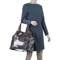 Pre Owned Jimmy Choo Brown Python Print Leather/Sequin Bea Tote Bag