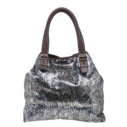 Pre Owned Jimmy Choo Brown Python Print Leather/Sequin Bea Tote Bag