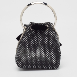Pre Owned Jimmy Choo Black Mesh Nylon Crystal Studded Bow Velvet Bon Bon Bag