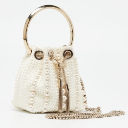 Pre Owned Jimmy Choo Ivory Satin Micro Pearl Embellished Bon Bon Bucket Bag