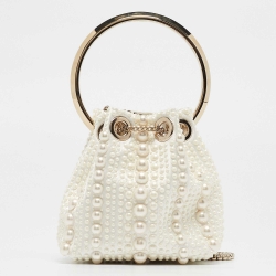 Pre Owned Jimmy Choo Ivory Satin Micro Pearl Embellished Bon Bon Bucket Bag
