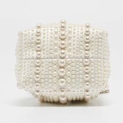 Pre Owned Jimmy Choo Ivory Satin Micro Pearl Embellished Bon Bon Bucket Bag