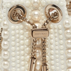 Pre Owned Jimmy Choo Ivory Satin Micro Pearl Embellished Bon Bon Bucket Bag