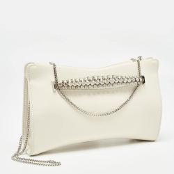 Pre Owned Jimmy Choo Off White Leather Crystal Embellished Venus Clutch On Chain