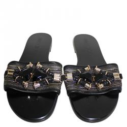 Pre Owned Jimmy Choo Black Jeweled Leather Flat Slides Size 36.5