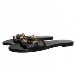 Pre Owned Jimmy Choo Black Jeweled Leather Flat Slides Size 36.5