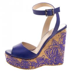 Pre Owned Jimmy Choo Purple Leather Patara Embroidered Cork Wedges Size 37