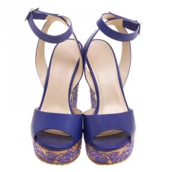 Pre Owned Jimmy Choo Purple Leather Patara Embroidered Cork Wedges Size 37