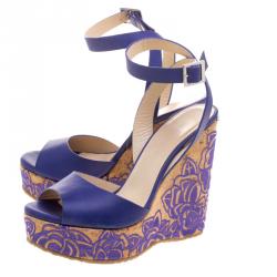 Pre Owned Jimmy Choo Purple Leather Patara Embroidered Cork Wedges Size 37