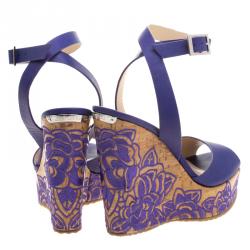 Pre Owned Jimmy Choo Purple Leather Patara Embroidered Cork Wedges Size 37