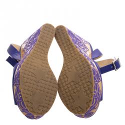 Pre Owned Jimmy Choo Purple Leather Patara Embroidered Cork Wedges Size 37