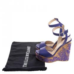 Pre Owned Jimmy Choo Purple Leather Patara Embroidered Cork Wedges Size 37