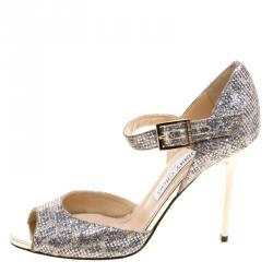 Jimmy Choo Glitter Fabric Lace Peep Toe Ankle Strap Sandals Size 37