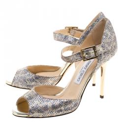 Jimmy Choo Glitter Fabric Lace Peep Toe Ankle Strap Sandals Size 37