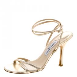 Pre Owned Jimmy Choo Metallic Gold Leather Suave Ankle Strap Sandals Size 38.5