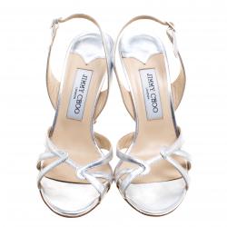 Pre Owned Jimmy Choo Metallic Silver Leather Slingback Open Toe Sandals Size 38