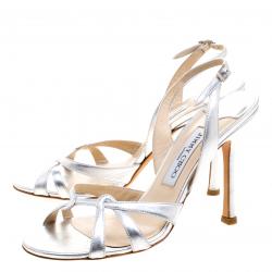 Pre Owned Jimmy Choo Metallic Silver Leather Slingback Open Toe Sandals Size 38