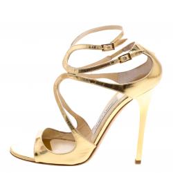 Pre Owned Jimmy Choo Metallic Gold Mirror Leather Lance Strappy Sandals Size 38