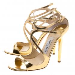 Pre Owned Jimmy Choo Metallic Gold Mirror Leather Lance Strappy Sandals Size 38