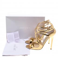Pre Owned Jimmy Choo Metallic Gold Mirror Leather Lance Strappy Sandals Size 38