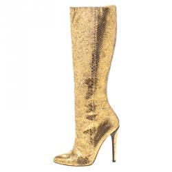 مملوكة مسبقًا Jimmy Choo Metallic Gold Snakeskin Knee High Boots Size 39.5