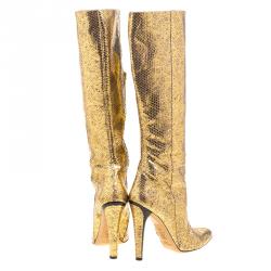 مملوكة مسبقًا Jimmy Choo Metallic Gold Snakeskin Knee High Boots Size 39.5