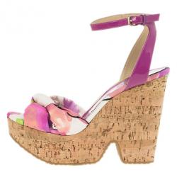 مملوكة مسبقًا Jimmy Choo Purple Gleam Printed Cork Wedge Sandals Size 41