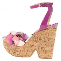 مملوكة مسبقًا Jimmy Choo Purple Gleam Printed Cork Wedge Sandals Size 41