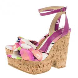 مملوكة مسبقًا Jimmy Choo Purple Gleam Printed Cork Wedge Sandals Size 41